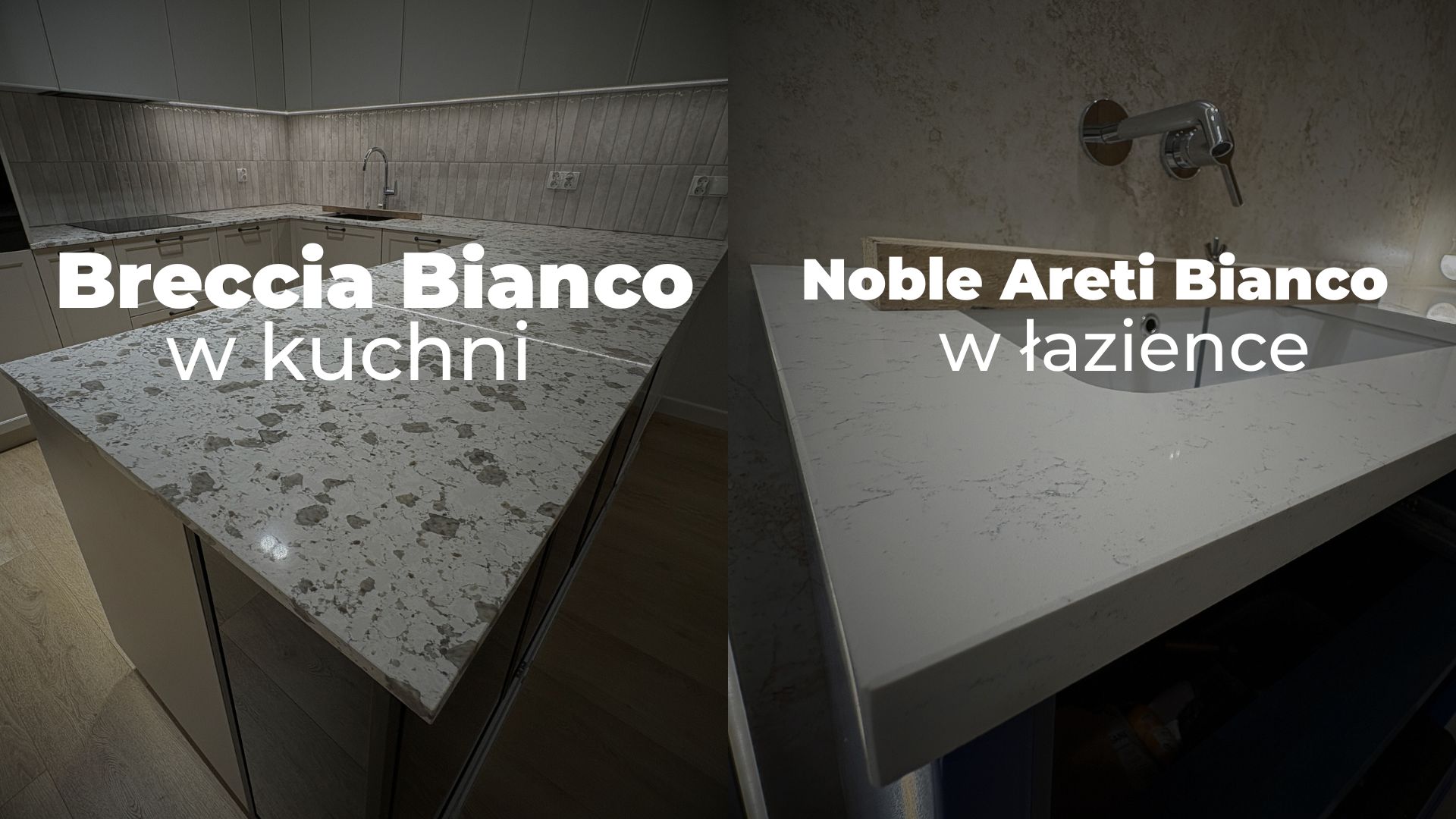 Blaty kamienne z konglomeratu Breccia Bianco w kuchni i Noble Areti Bianco w łazience