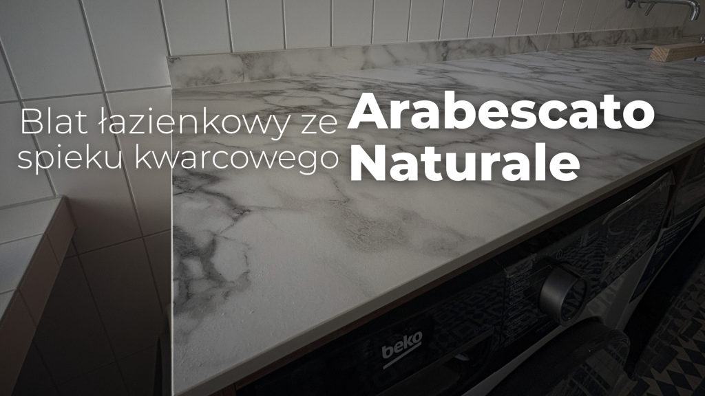 Łazienkowy blat z umywalką podwieszaną, wykonany ze spieku kwarcowego Arabescato Naturale