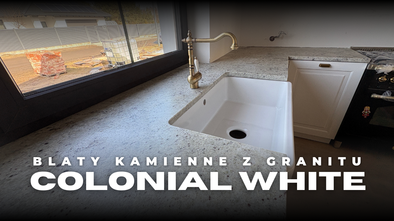 kuchnia wykończona blatami z granitu Colonial White