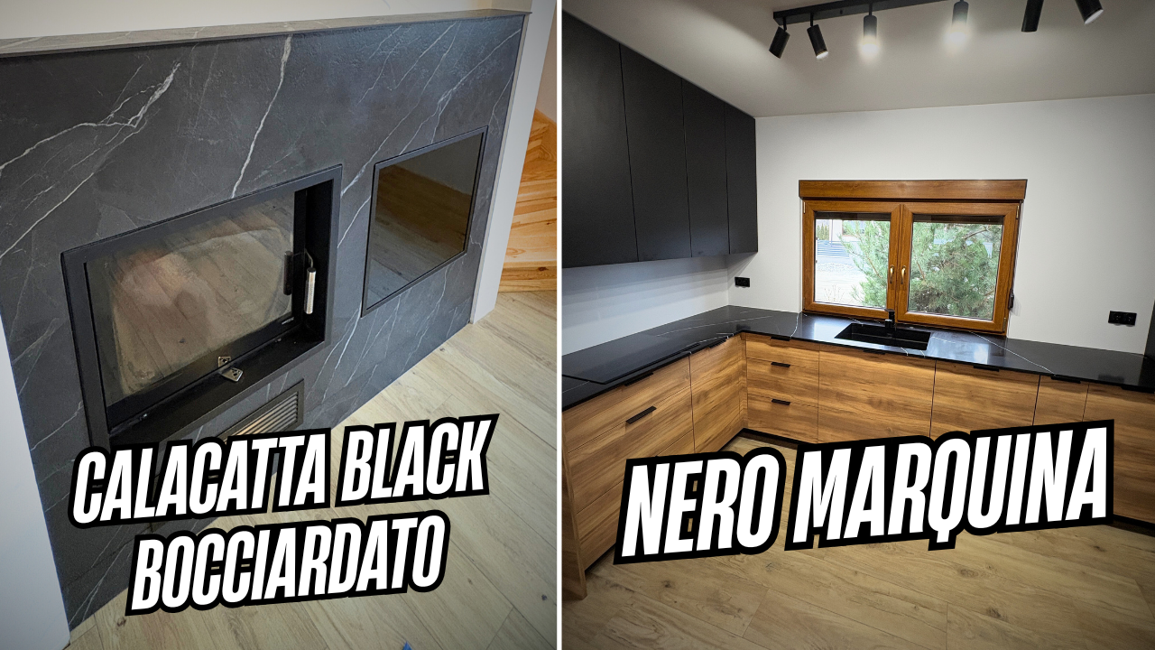 kuchnia z blatami z konglomeratu Nero Marquina i kominek wykończony spiekiem Calcatta Black Bocciardato