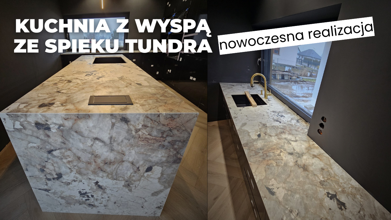Kuchnia z wyspą wykończone blatami ze spieku Tundra