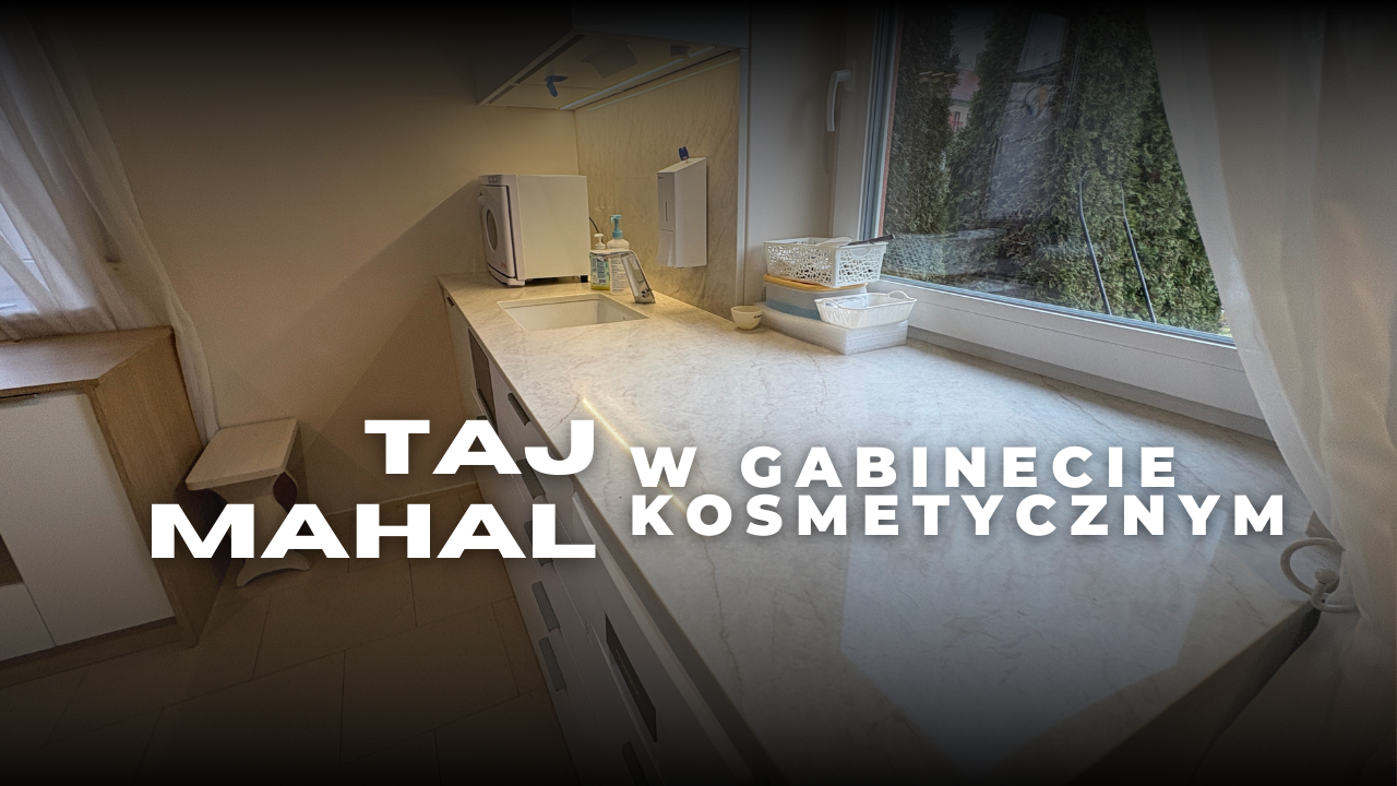 Blat i okładzina ścienna w gabinecie kosmetycznym wykonane z konglomeratu kwarcowego Taj Mahal