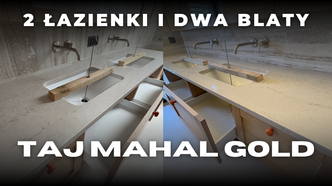 Dwa blaty łazienkowe z konglomeratu kwarcowego Taj Mahal Gold