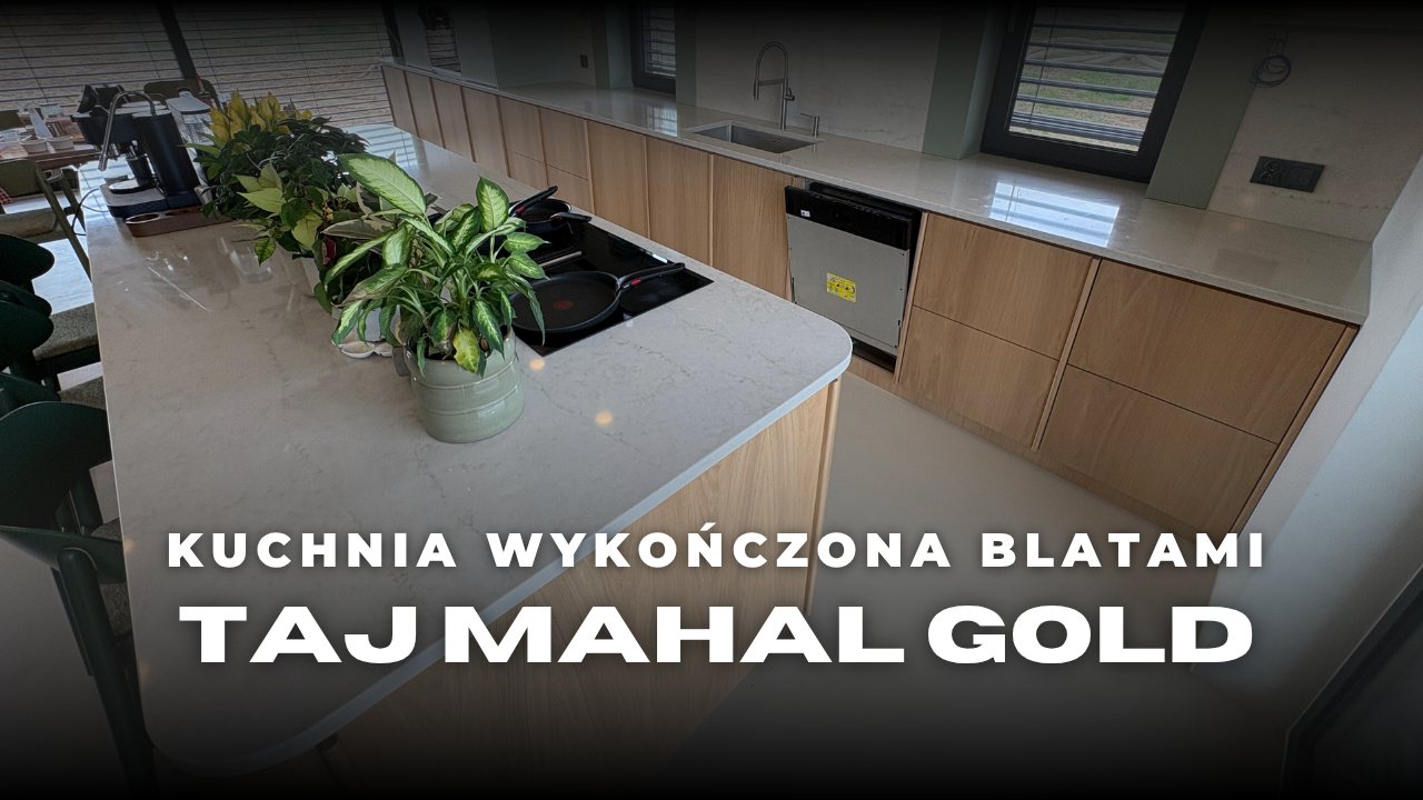 Kuchnia wykończona blatami z konglomeratu Taj Mahal Gold