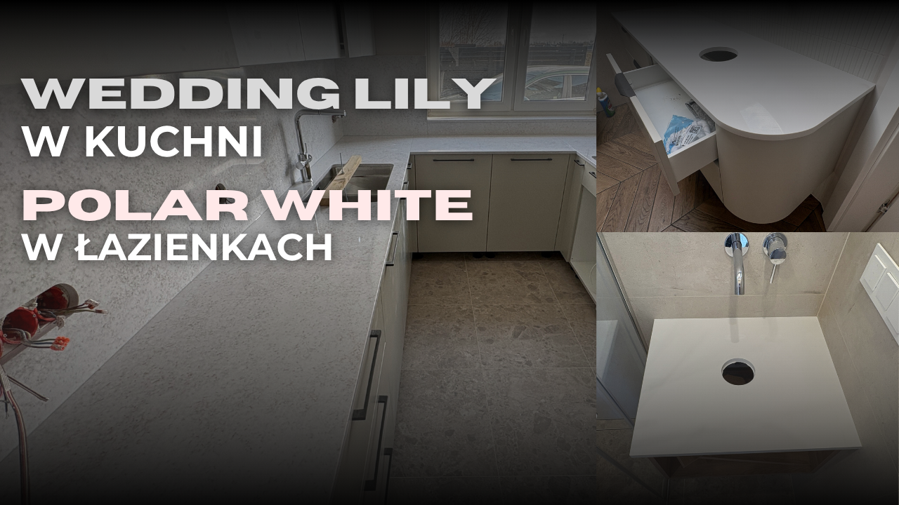 Blaty i okładziny z konglomeratu Wedding Lily w kuchni i blaty z konglomeratu Polar White w łazienkach