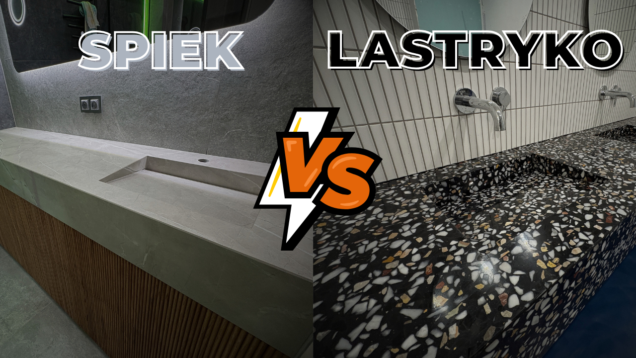 blaty łazienkowe z lastryko i ze spieku ze zintegrowanymi umywalkami