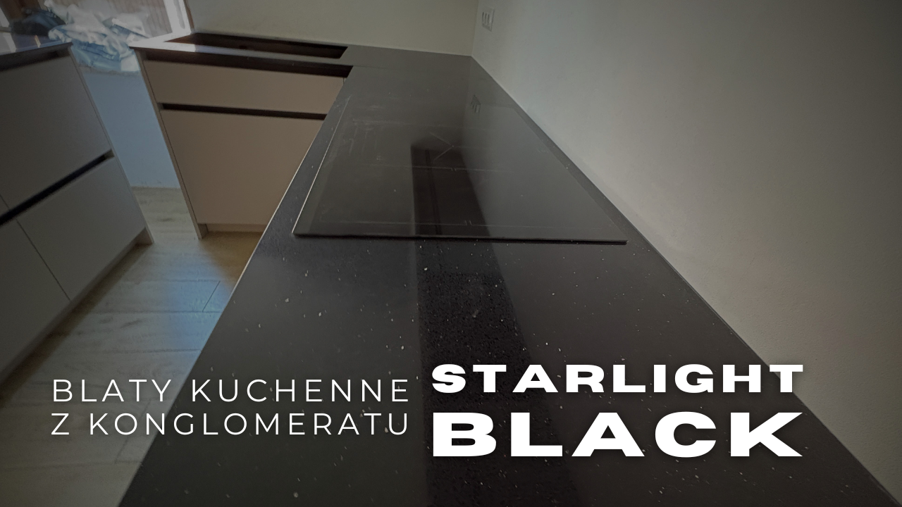 Starlight Black w kuchni - czarny konglomerat z iskierkami w układzie L i na wyspie