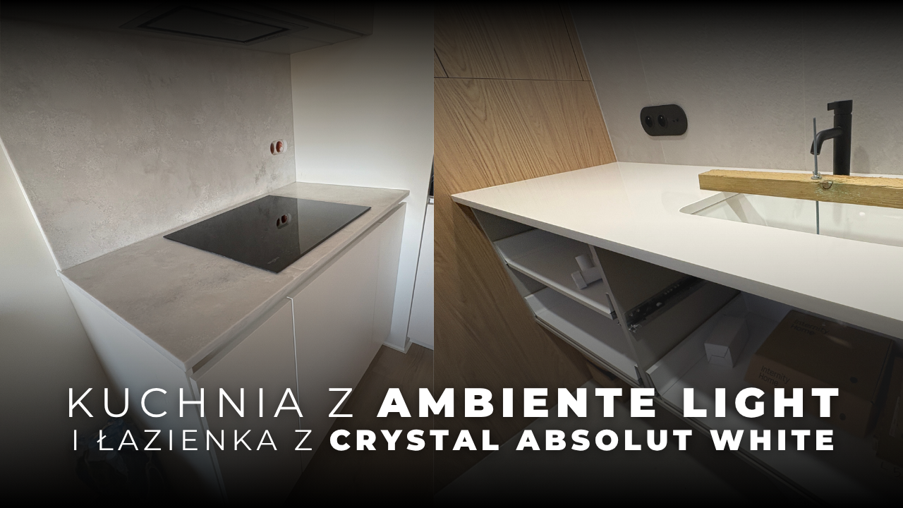 blaty z konglomeratu Ambiente Light w kuchni i blat z konglomeratu Crystal Absolut White z łazience
