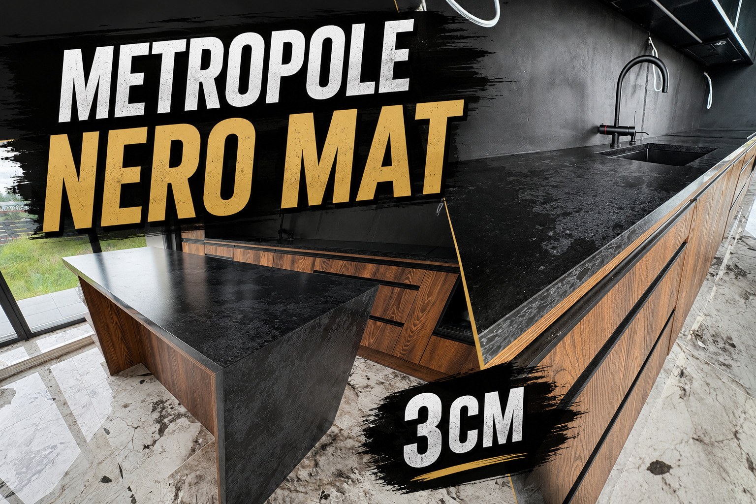 Kuchnia wykończona blatami z konglomeratu Metropole Nero