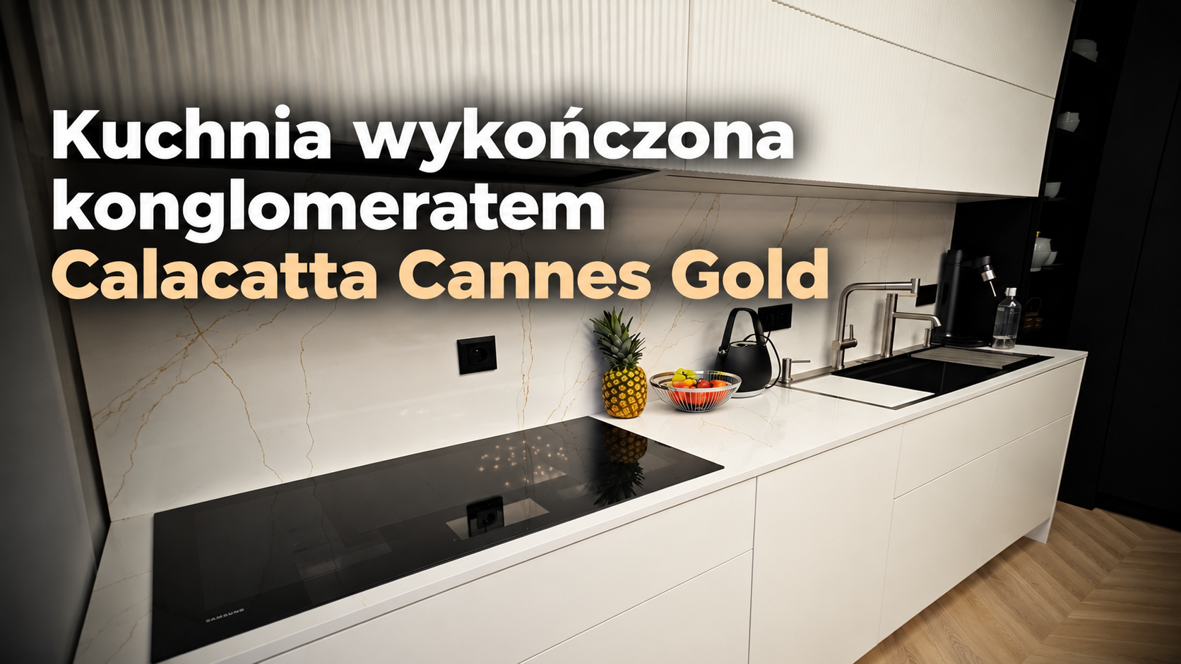 Blaty kuchenne oraz okładzina ścienna z konglomeratu kwarcowego Calacatta Cannes Gold